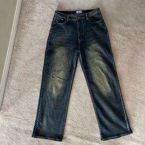 Men's Dark Blue Washed Straight-Leg Jeans